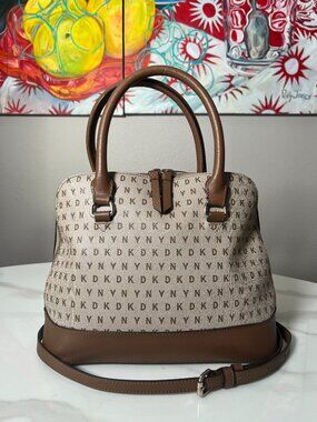 DKNY Logo Dome Satchel Crossbody Bag Brown Tan Monogram